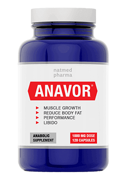 бутилка от продукта ни - anavor, пълна с хапчета за увеличение на чистата мускулна маса благодарение на бабините зъби в тях.